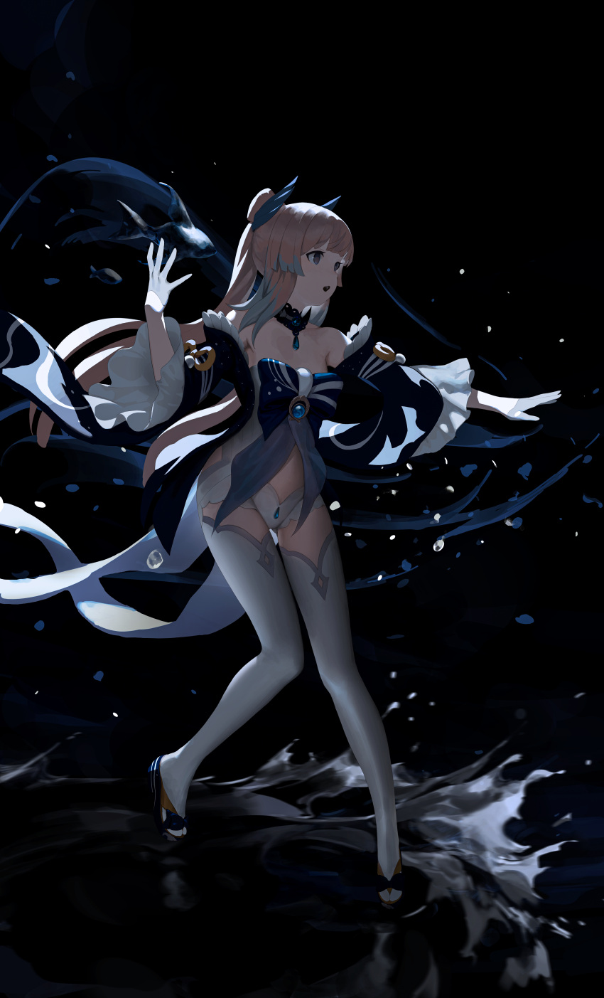 1girl :o absurdres bare_shoulders black_background black_eyes blue_bow blue_hair blue_sleeves bow bow-shaped_hair breasts brooch commentary detached_collar detached_sleeves egk513 fish frilled_sleeves frills full_body genshin_impact gloves hair_ornament half_gloves hand_up highres jewelry legs long_hair looking_to_the_side multicolored_hair open_mouth outstretched_arm pink_hair ponytail sangonomiya_kokomi shirt small_breasts solo standing strapless striped striped_bow thighhighs two-tone_hair vision_(genshin_impact) water water_drop white_gloves white_legwear white_shirt zouri