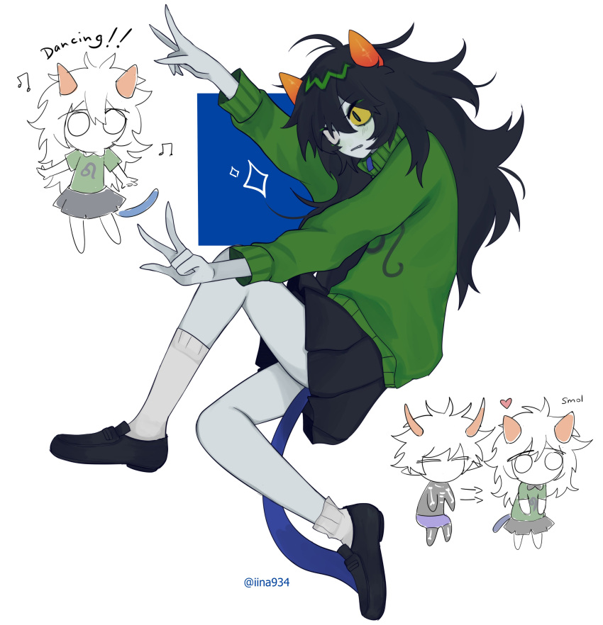 1boy 1girl absurdres black_hair colored_sclera colored_skin facepaint grey_skin heart highres homestuck iina934 kurloz_makara long_hair messy_hair meulin_leijon short_hair skirt sweater troll_(homestuck) yellow_sclera