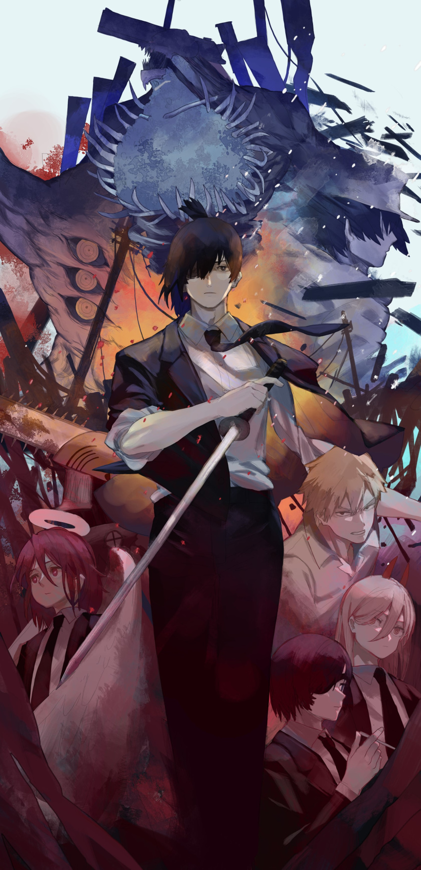 +_+ 1boy absurdres angel_devil_(chainsaw_man) angel_wings angry black_hair black_jacket black_necktie black_pants black_suit blood_devil_(chainsaw_man) business_suit chainsaw chainsaw_devil chainsaw_man cigarette debris denji_(chainsaw_man) extra_eyes eyepatch feathered_wings formal future_devil_(chainsaw_man) gun gun_devil_(chainsaw_man) halo handgun hayakawa_aki highres himeno_(chainsaw_man) hirofumi_yoshida holding holding_cigarette holding_weapon hybrid jacket katana long_hair looking_at_viewer looking_away looking_to_the_side missing_limb necktie one_eye_covered open_mouth pants power_(chainsaw_man) rifle sharp_teeth short_hair sleeves_rolled_up sniper_rifle solo_focus sou_(pale_1080) suit sword teeth utility_pole weapon white_wings wings wire