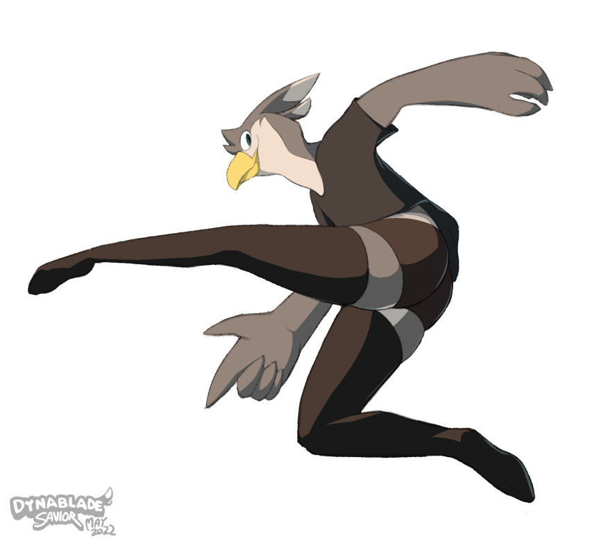 action_pose anthro avian beak bird black_clothing clothing dyna_(dynablade_savior) dynablade_savior feathers footwear grey_body grey_feathers hi_res legwear looking_at_viewer male pose simple_background socks solo tagme thigh_highs watermark white_background white_body white_feathers