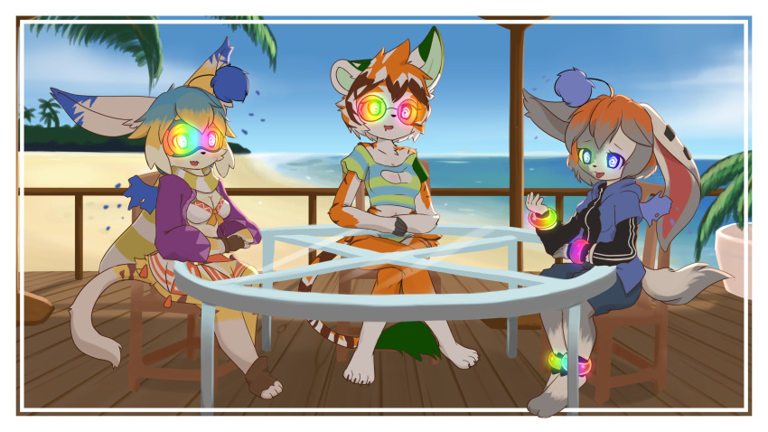 4_toes anthro arknights beach bikini breasts chair clawscratch cleavage clothed clothing dizzy domestic_cat eyewear feet felid feline felis female final_fantasy freedom_planet fur furniture glass_table glasses grey_body grey_fur group hair hi_res hypergryph male_to_female mammal mia_(world_flipper) milla_basset moogle navel orange_body orange_skin seaside sitting square_enix studio_montagne swimwear toes transformation trio video_games waaifu_(arknights) white_body white_fur world_flipper yellow_body yellow_fur