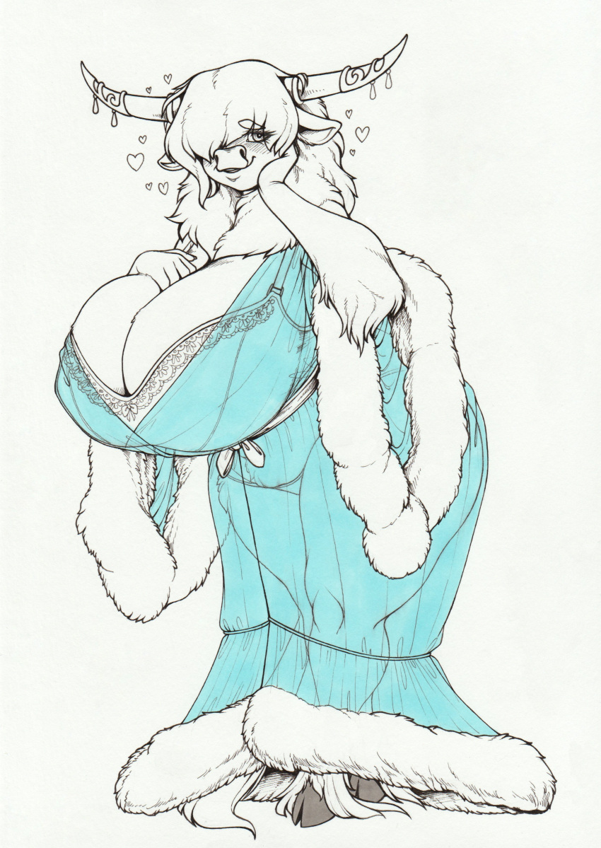 absurd_res big_breasts blue_clothing blue_dress blush bovid bovine bra breasts cattle clothed clothing curvy_figure dress ears_down female fluffy freya_(wintertopdog) hair hair_over_eye hi_res highland_cattle hooves horn horn_jewelry huge_breasts lingerie long_dress long_hair longinius looking_at_viewer mammal neck_tuft one_eye_obstructed one_eye_visible panties pivoted_ears simple_background smile solo thick_thighs tuft underwear voluptuous wide_hips
