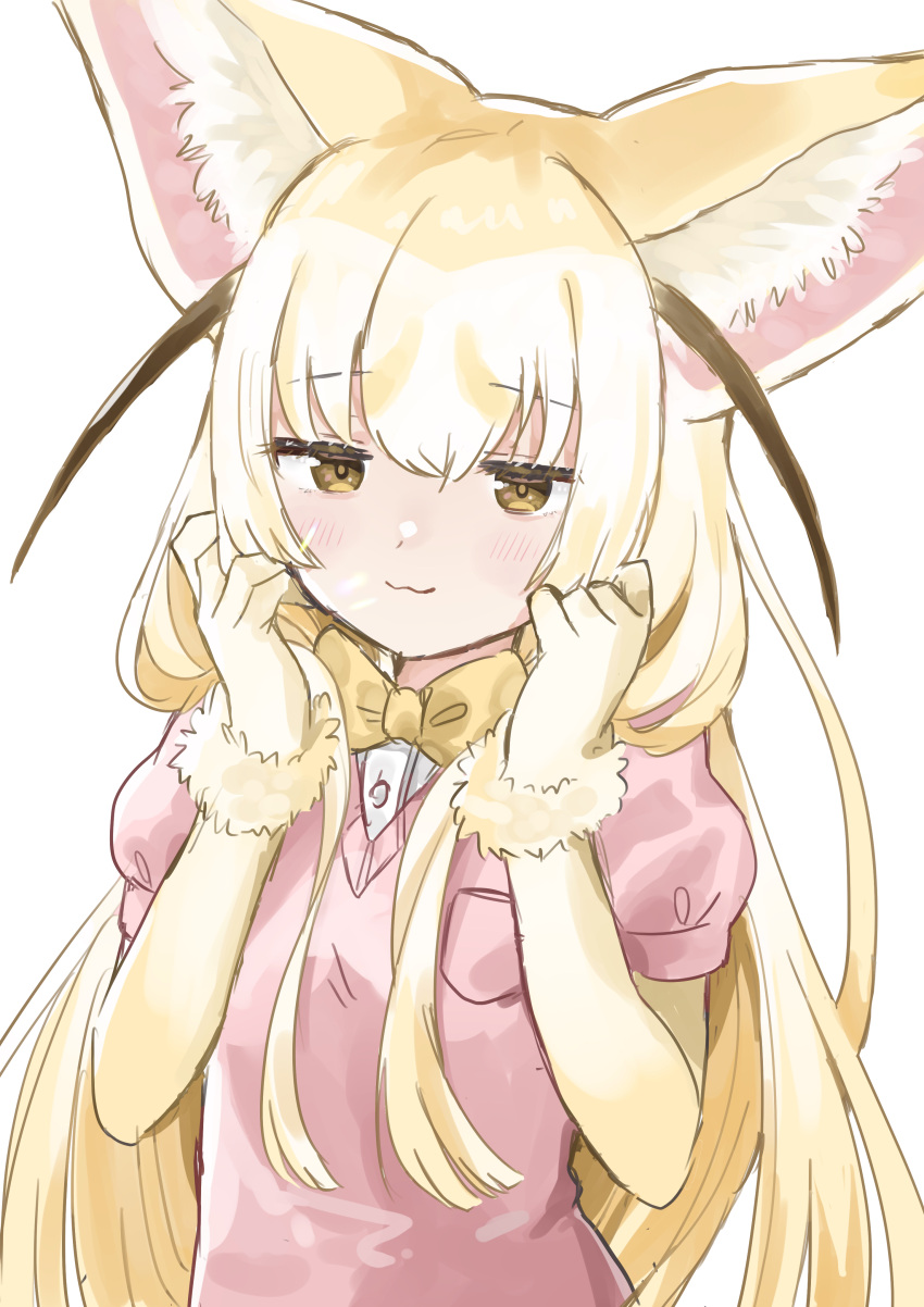 1girl :3 absurdres alternate_hair_length alternate_hairstyle amber_eyes animal_ear_fluff animal_ears bangs blonde_hair bow bowtie fennec_(kemono_friends) fur_cuffs hekicho highres jitome kemono_friends megumi_222 pink_sweater simple_background solo sweater white_background yellow_bow yellow_bowtie