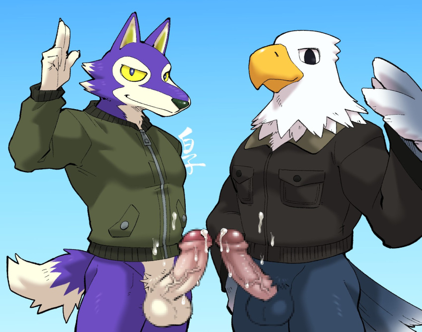 accipitrid accipitriform animal_crossing anthro apollo_(animal_crossing) avian bald_eagle bird bodily_fluids bottomless canid canine canis clothed clothing cum cum_on_clothing cum_on_penis duo eagle erection foreskin genital_fluids genitals greeting hi_res humanoid_genitalia humanoid_penis lobo_(animal_crossing) male mammal nintendo penis sea_eagle shirako video_games wolf