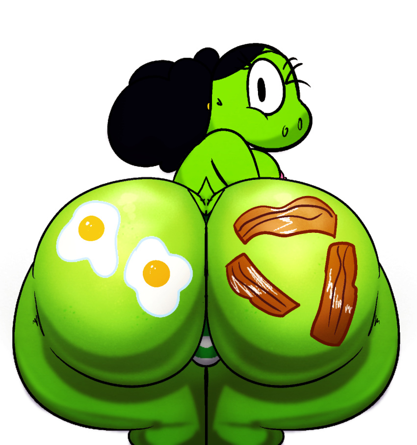 anthro ass_up bacon big_butt black_hair bottomwear breakfast breasts butt butt_focus clothing dinosaur egg eliza_rex female food food_fetish food_on_butt food_play green_body green_scales hair hi_res illis looking_at_viewer looking_back meat nipples one_eye_closed panties pattern_bottomwear pattern_clothing pattern_panties pattern_underwear peeking_nipple pink_nipples presenting presenting_hindquarters reptile scales scalie side_boob solo striped_bottomwear striped_clothing striped_panties striped_underwear stripes theropod toony tyrannosaurid tyrannosaurus tyrannosaurus_rex underwear wide_hips wink winking_at_viewer