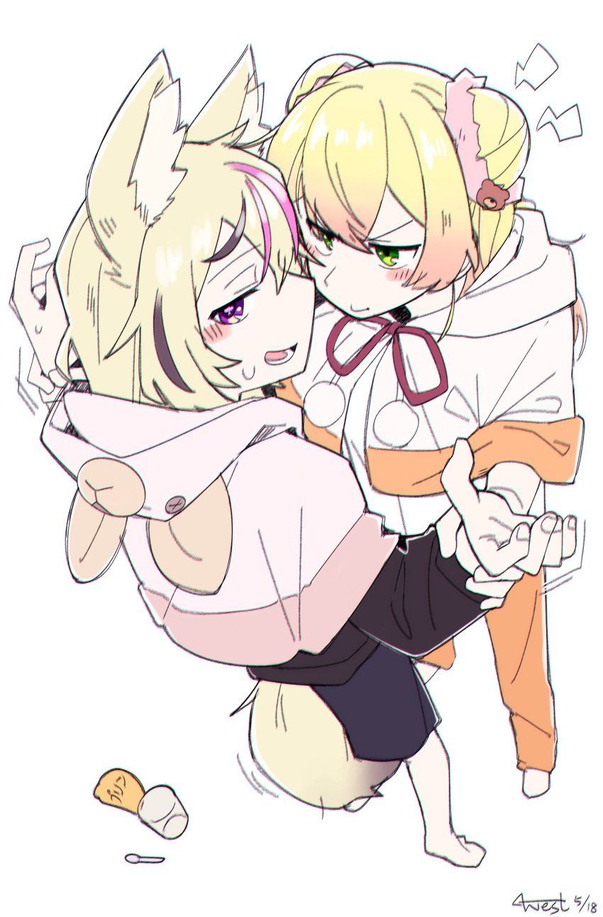 2girls absurdres animal_ears animal_hood artist_name blonde_hair blurry blush dated double_bun face-to-face fox_ears fox_girl fox_tail from_above gradient_hair highres holding_another's_wrist hololive hood long_hair long_sleeves looking_at_another looking_at_viewer looking_away looking_back momosuzu_nene multicolored_hair multiple_girls omaru_polka pink_hair smile tail westlee_ar white_background yuri