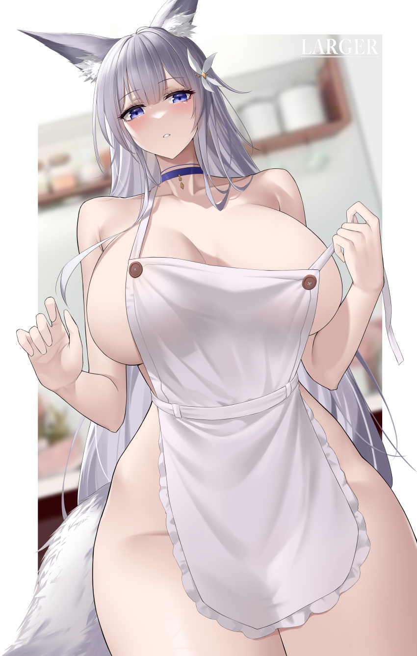 1girl absurdres animal_ears apron artist_name azur_lane bangs blue_eyes blush breasts choker collarbone eyebrows_visible_through_hair flower fox_ears fox_girl fox_tail hair_flower hair_ornament highres kitsune large_breasts larger_bmx long_hair looking_at_viewer naked_apron shinano_(azur_lane) solo tail thighs white_hair