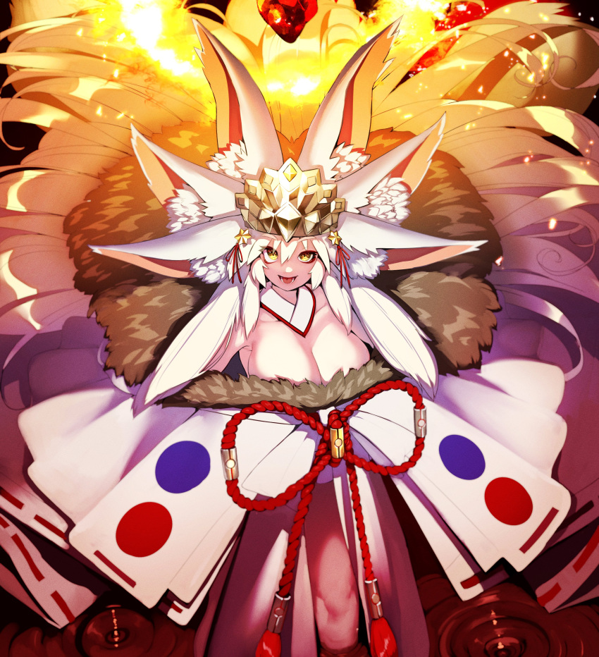 1girl absurdres animal_ear_fluff animal_ears bangs bare_shoulders blonde_hair blush breasts cleavage detached_collar extra_ears fate/grand_order fate_(series) fox_ears fox_girl fox_tail fur_collar hair_between_eyes headpiece highres japanese_clothes kimono koyanskaya_(fate) koyanskaya_(lostbelt_beast:iv)_(fate) large_breasts long_hair long_sleeves looking_at_viewer naze off_shoulder open_mouth rope sash sidelocks smile solo tail tamamo_(fate) thighs very_long_hair white_kimono wide_sleeves yellow_eyes