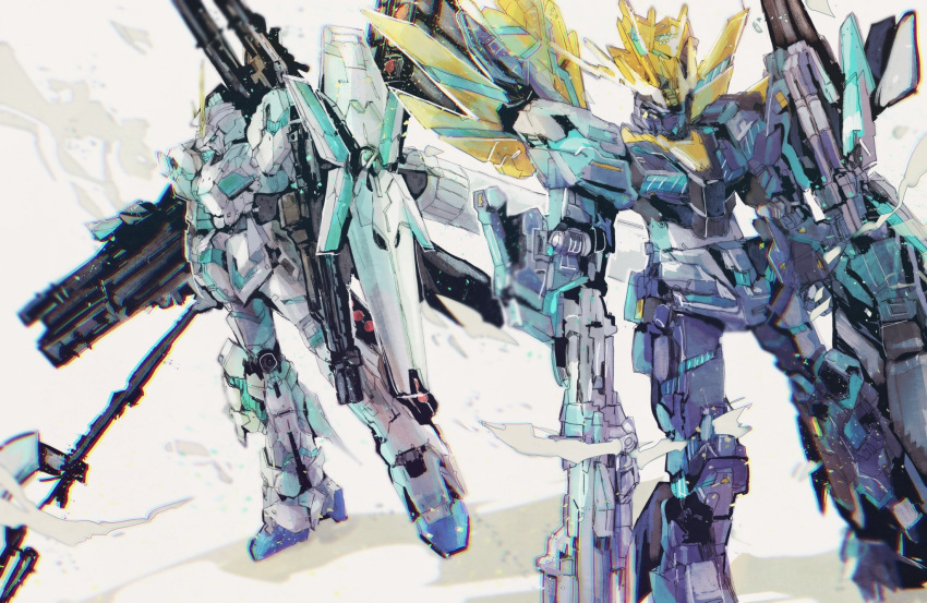 beam_rifle commentary energy_gun full_armor_unicorn_gundam gatling_gun gun gundam gundam_unicorn highres holding holding_gun holding_polearm holding_weapon kare_(0621utak) mecha mobile_suit no_humans polearm science_fiction shield simple_background standing unicorn_gundam unicorn_gundam_banshee v-fin weapon white_background