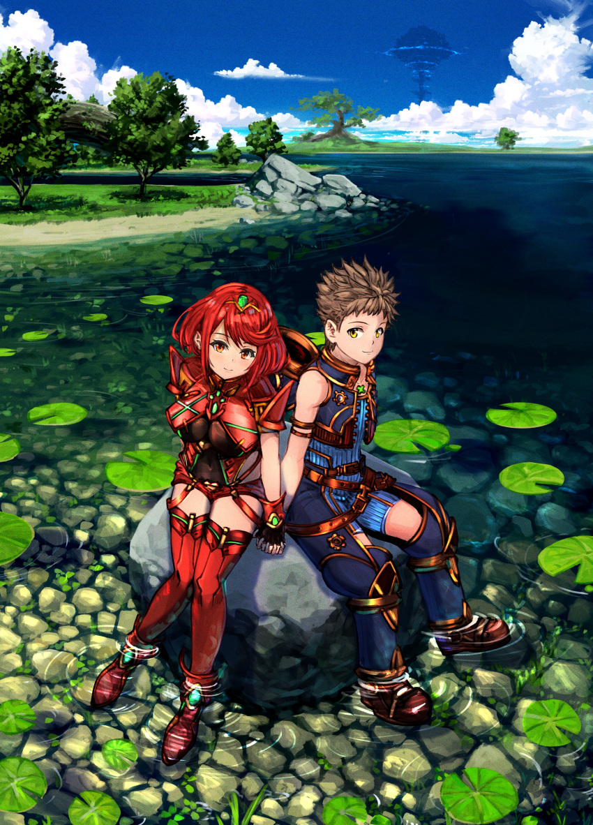 1boy 1girl absurdres bangs black_gloves breasts chest_jewel earrings fingerless_gloves gem gloves headpiece highres jewelry large_breasts poteto_(potetosarada123) pyra_(xenoblade) red_eyes red_hair red_legwear red_shorts rex_(xenoblade) short_hair short_shorts shorts swept_bangs thighhighs tiara xenoblade_chronicles_(series) xenoblade_chronicles_2