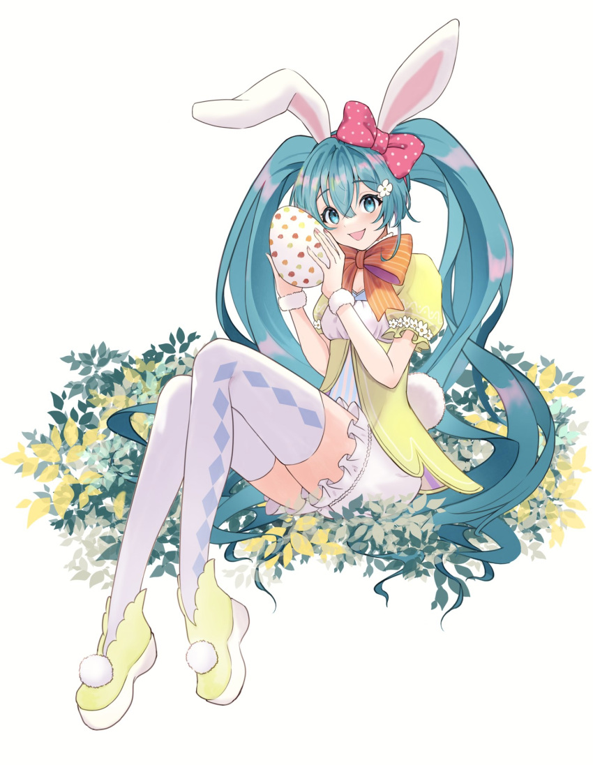 1girl :d animal_ears argyle argyle_legwear bangs bloomers blue_eyes blue_hair blush bow easter easter_egg egg eyebrows_visible_through_hair flower fur_cuffs hair_bow hair_flower hair_ornament haruwo hatsune_miku highres holding holding_egg long_hair looking_at_viewer nail_polish neck_ribbon open_mouth plant polka_dot polka_dot_bow pom_pom_(clothes) puffy_short_sleeves puffy_sleeves rabbit_ears rabbit_girl rabbit_tail ribbon short_sleeves sitting smile solo tail thighhighs twintails underwear very_long_hair vocaloid wristband zettai_ryouiki