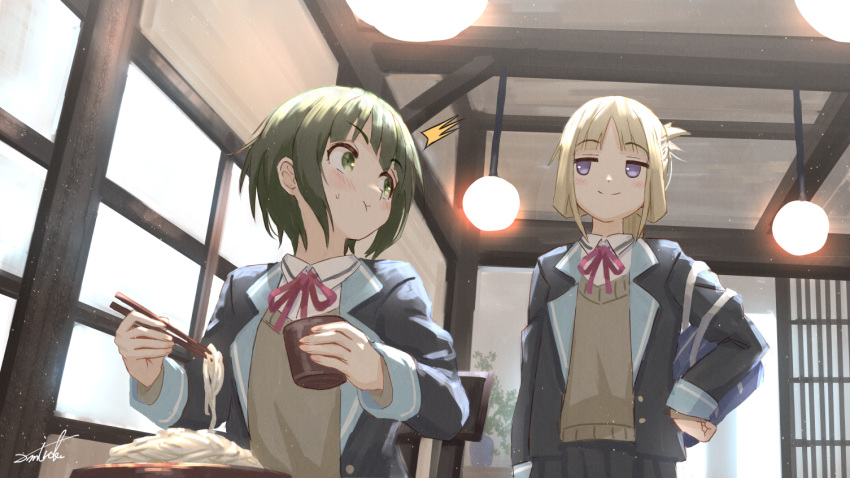 2girls :t ^^^ bangs black_jacket black_skirt blazer blunt_bangs blush brown_sweater chopsticks closed_mouth collared_shirt commentary_request commission cup eating eyebrows_visible_through_hair folded_ponytail green_eyes green_hair holding holding_chopsticks holding_cup indoors jacket light_brown_hair looking_at_another looking_back multiple_girls neck_ribbon nogi_wakaba nogi_wakaba_wa_yuusha_de_aru open_clothes open_jacket pleated_skirt purple_eyes red_ribbon ribbon school_uniform shiratori_utano shirt signature skeb_commission skirt smile standing sweat sweater umiroku white_shirt yuuki_yuuna_wa_yuusha_de_aru yuusha_de_aru