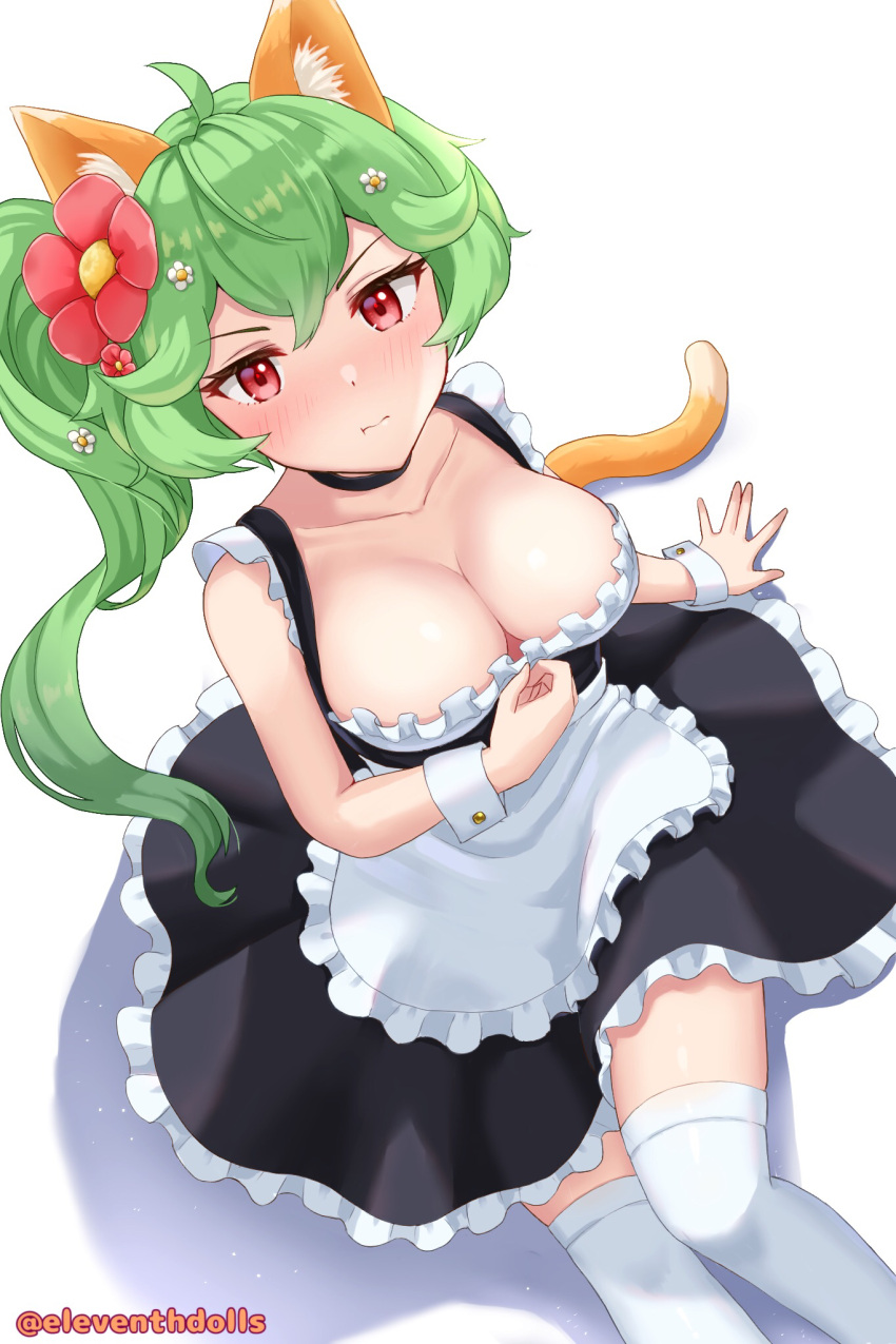 ahoge alpaca_girl animal_ears apron artist_name bangs bare_shoulders blush breasts cat_ears cat_tail cleavage crossed_bangs fake_animal_ears fake_tail flower green_hair guardian_tales hair_flower hair_ornament highres looking_at_viewer maid_apron mayreel_(guardian_tales) medium_breasts official_alternate_costume red_eyes shadow side_ponytail sitting sleeveless tail umeshiba_(eleventhdolls) white_background white_legwear wrist_cuffs