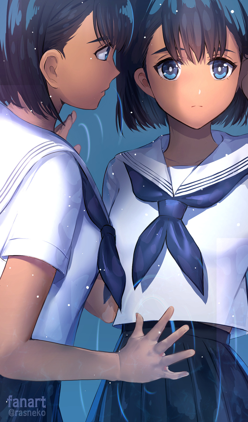 2girls black_hair blue_eyes doppelganger highres kofune_mio multiple_girls rasneko sailor_collar school_uniform serafuku short_hair short_sleeves summertime_render