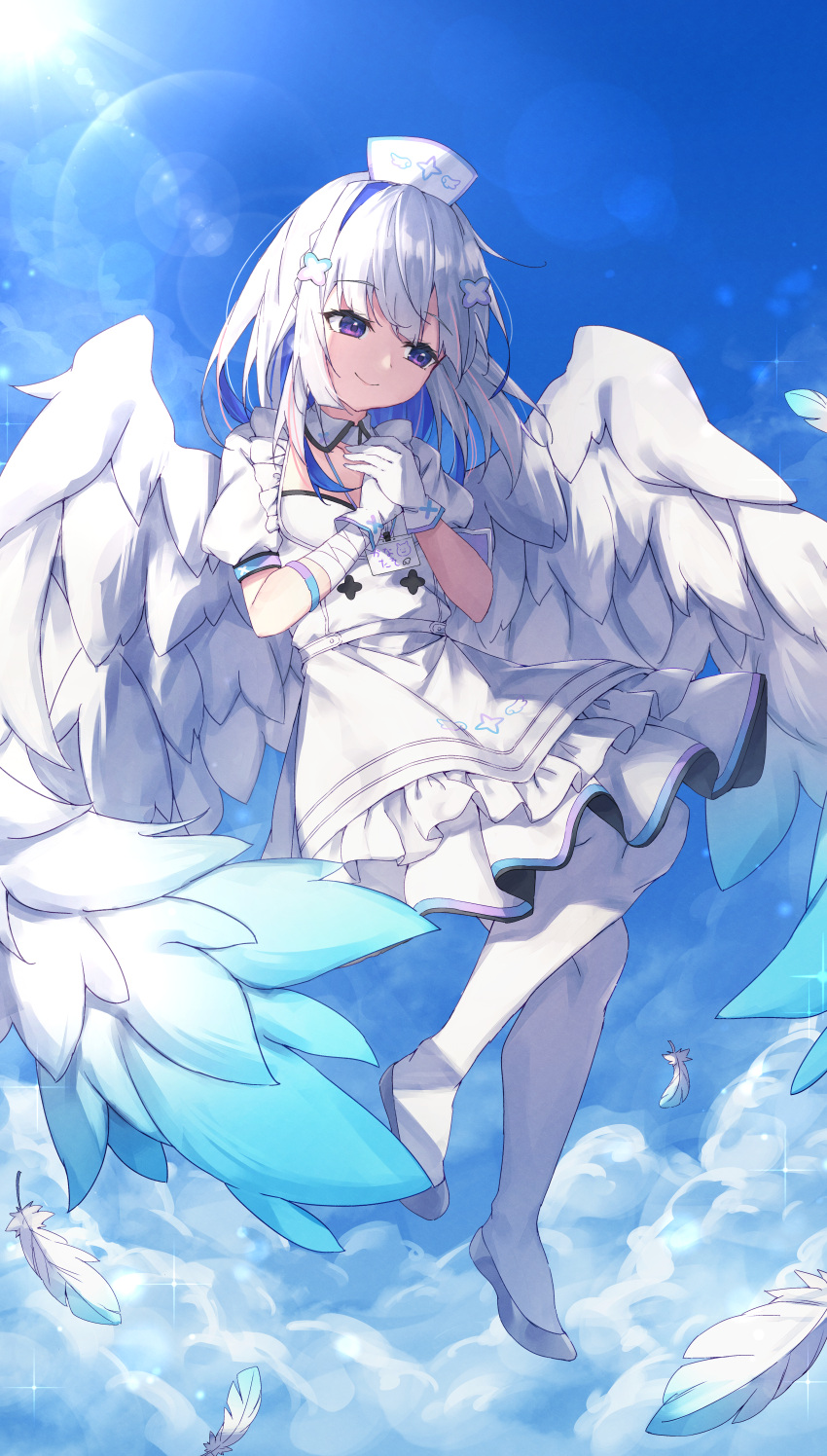 1girl absurdres amane_kanata apron bandaged_arm bandages bangs blue_hair blue_sky blue_wings closed_mouth cloud commentary_request day dress eyebrows_visible_through_hair frilled_apron frills full_body gloves grey_footwear grey_hair hat highres hololive long_hair looking_away masaki_(msk064) multicolored_hair nurse nurse_cap outdoors own_hands_together pantyhose puffy_short_sleeves puffy_sleeves purple_eyes shoes short_sleeves single_hair_intake sky smile solo sun two-tone_hair virtual_youtuber white_apron white_dress white_feathers white_gloves white_headwear white_legwear white_wings wings