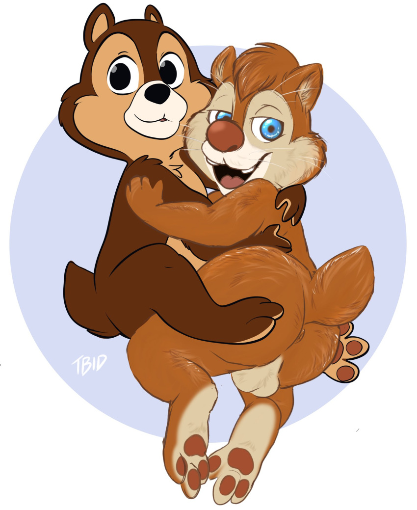 anthro balls butt chip_'n_dale_rescue_rangers chip_(disney) chipmunk dale_(disney) disney duo embrace genitals ground_squirrel hi_res looking_at_viewer male mammal rodent sciurid tbid