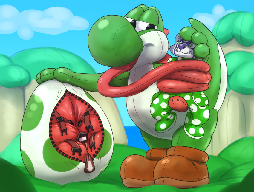 2022 anthro big_nose boots buckles clothed clothing detailed_background digital_drawing_(artwork) digital_media_(artwork) dinosaur duo egg footwear fur green_body green_eyes green_yoshi grey_body grey_fur half-closed_eyes hi_res long_tongue male mammal mario_bros multicolored_body multicolored_fur narrowed_eyes nintendo pattern_clothing procyonid purple_body purple_fur purple_nose raccoon regi_raccoon reptile scalie sexotheque size_difference sleeper spots spotted_clothing teeth tongue video_games yoshi