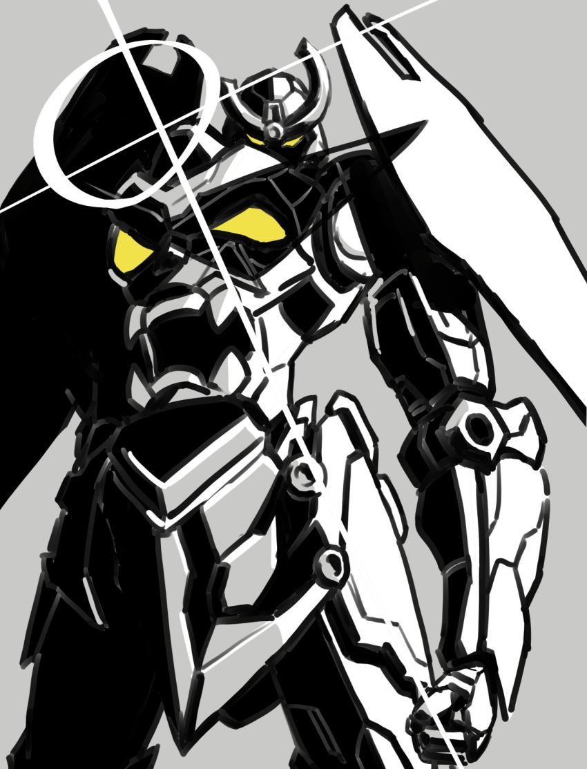 clenched_hand extra_eyes fangs glint grey_background greyscale gurren-lagann highres looking_at_viewer mecha monochrome no_humans open_mouth shaded_face simple_background solo spot_color sunglasses teeth tengen_toppa_gurren_lagann yellow_eyes yutorin_kakka