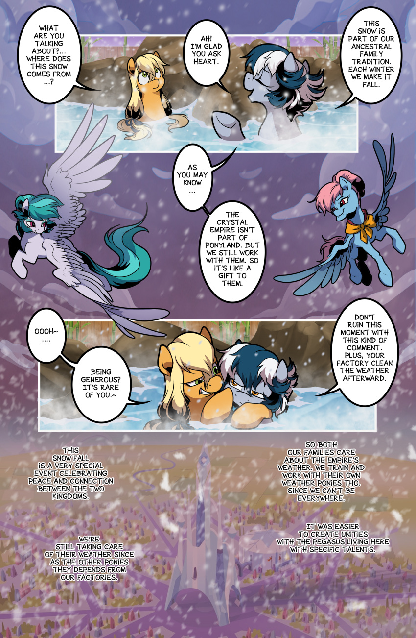 absurd_res annoyed crystal_empire dialogue dormin-kanna english_text equid equine female feral flying green_hair group hair hasbro heart_gold_(dormin-kanna) hi_res horse magic male mammal my_little_pony pegasus pony ruby_silver_(dormin-kanna) snow snowing snowing_outside soul_silver_(dormin-kanna) text weather wings yellow_eyes