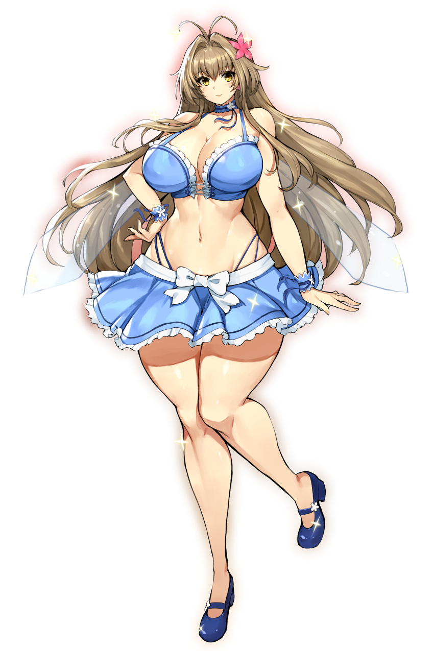 1girl absurdres amagi_brilliant_park antenna_hair blue_footwear blue_skirt blush bow bracelet breasts brown_eyes brown_hair cleavage covered_nipples fairy full_body gurimjang hair_between_eyes hair_intakes hand_on_hip highres huge_breasts jewelry knees_together_feet_apart long_hair miniskirt navel revealing_clothes sento_isuzu simple_background skindentation skirt solo white_background