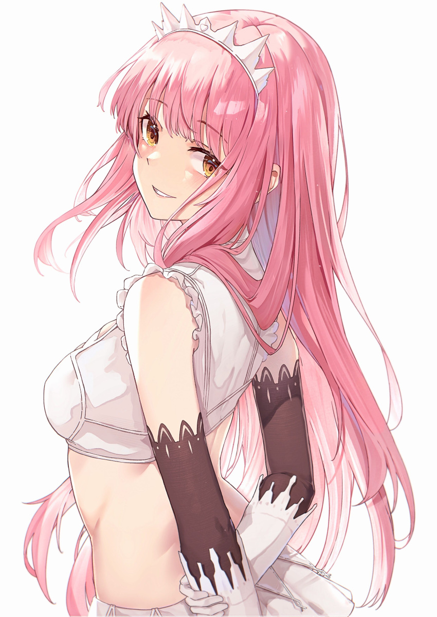 1girl absurdres arms_behind_back bangs bra breasts elbow_gloves eyebrows_visible_through_hair fate/grand_order fate_(series) from_side gloves highres holding_own_arm long_hair looking_at_viewer medb_(fate) midriff miniskirt parted_lips pink_hair shrug_(clothing) skirt small_breasts smile solo tiara underwear upper_body user_gaxk2333 white_background white_bra white_gloves white_skirt yellow_eyes
