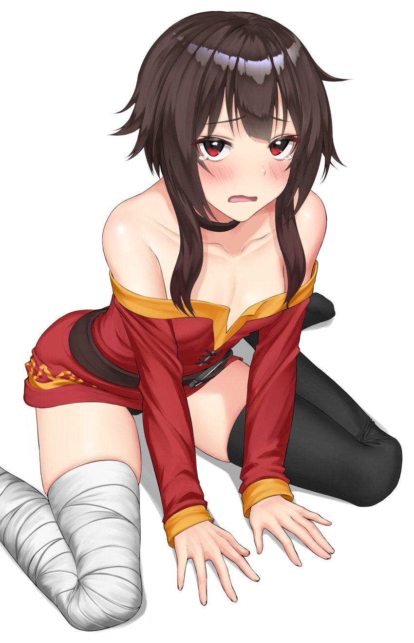 1girl bandaged_leg bandages bare_shoulders black_hair black_legwear black_panties blush breasts cameltoe collar dress highres karasu_(jjwh2832) kono_subarashii_sekai_ni_shukufuku_wo! long_sleeves looking_at_viewer megumin panties red_dress red_eyes short_hair_with_long_locks simple_background single_thighhigh sitting small_breasts solo tearing_up thighhighs underwear white_background