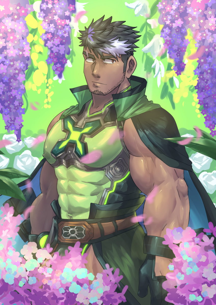 1boy bara belt black_gloves black_hair brown_belt cape chest_harness collared_cape covered_abs covered_nipples dark-skinned_male dark_skin day eyebrow_cut facial_hair flower gloves green_cape harness highres large_pectorals lilac_(live_a_hero) live_a_hero male_focus multicolored_hair muscular muscular_male outdoors pectorals purple_flower purple_hair short_hair solo stubble weedwolfeatmeat white_hair