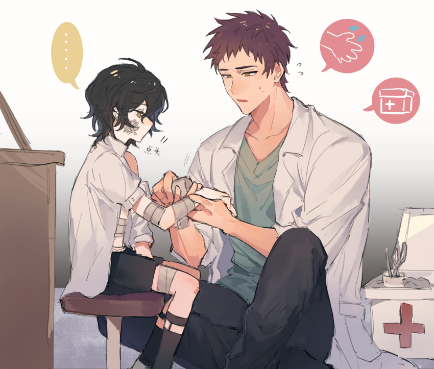 ... 2boys bandages black_hair black_legwear black_pants black_shorts brown_eyes brown_hair chair child doctor first_aid_kit green_shirt highres indoors kneehighs labcoat multiple_boys murase_takuma nocolour pants scissors shirt shorts slow_damage speech_bubble sweatdrop towa_(slow_damage)