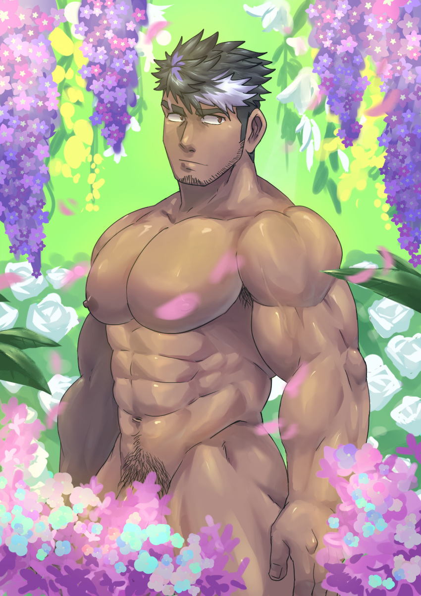 1boy abs armpit_hair bara black_hair completely_nude convenient_censoring dark-skinned_male dark_skin day eyebrow_cut facial_hair flower highres large_pectorals lilac_(live_a_hero) live_a_hero male_focus male_pubic_hair multicolored_hair muscular muscular_male navel nipples nude outdoors pectorals pubic_hair purple_flower purple_hair short_hair solo stubble weedwolfeatmeat white_hair