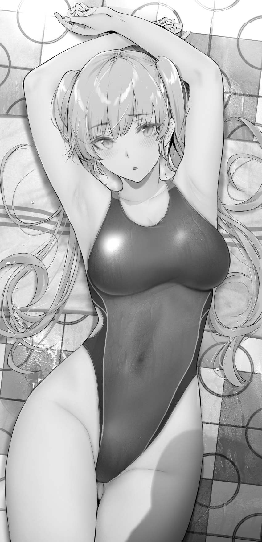 1girl absurdres armpits arms_up bangs breasts commentary commentary_request competition_swimsuit covered_navel cowboy_shot eyebrows_visible_through_hair gentsuki greyscale highleg highleg_swimsuit highres kimi_omou_koi kuroe_(kimi_omou_koi) large_breasts long_hair looking_at_viewer lying monochrome on_back one-piece_swimsuit parted_lips solo swimsuit thighs twintails