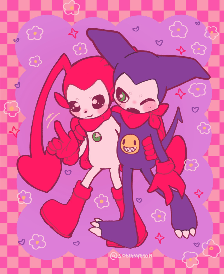 &lt;3 absurd_res anthro bandai_namco bandanna beady_eyes blush bucchiemon demon digimon digimon_(species) duo embrace hi_res hug impmon kerchief male male/male purple_body sommymon