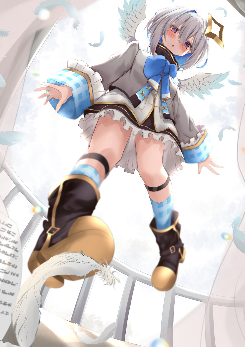 1girl absurdres aiguillette amane_kanata angel angel_wings azuremo black_footwear black_skirt blue_bow blue_bowtie blue_hair blue_legwear blue_wings bob_cut boots bow bowtie colored_inner_hair cropped_jacket feathered_wings feathers frilled_skirt frills from_below full_body gingham gingham_legwear gradient gradient_wings grey_hair grey_jacket halo highres hololive jacket legwear_garter long_sleeves looking_at_viewer mini_wings miniskirt multicolored_hair multicolored_wings pink_hair purple_eyes short_hair single_hair_intake skirt sleeve_cuffs sleeves_past_wrists socks solo star_halo streaked_hair turtleneck virtual_youtuber white_wings wide_sleeves wings