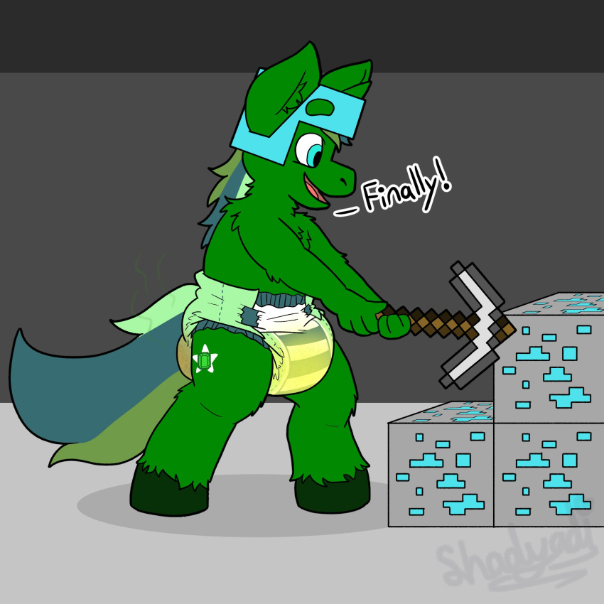 1:1 2022 anthro biped bodily_fluids detailed_background dialogue diaper english_text feces filth fur genital_fluids hi_res male messy_diaper minecraft_block pickaxe_(minecraft) scat shadyadi1 signature soiled_diaper soiling solo standing text urine wet_diaper wetting