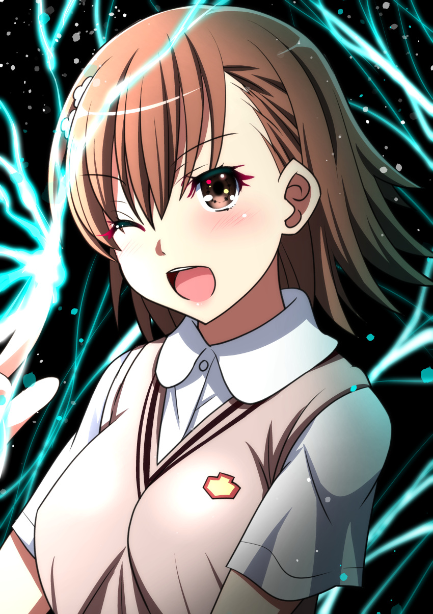 1girl ;d absurdres ai_wa_muteki blush brown_eyes brown_hair brown_vest commentary_request electricity electrokinesis hair_ornament hairpin highres looking_at_viewer misaka_mikoto one_eye_closed open_mouth school_uniform shirt short_hair short_sleeves smile solo sweater_vest toaru_kagaku_no_railgun toaru_majutsu_no_index tokiwadai_school_uniform upper_body vest white_shirt