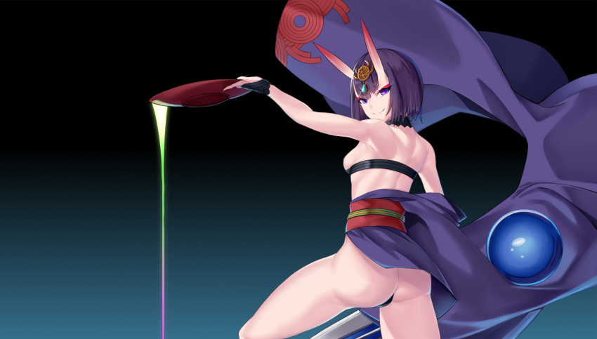 1girl alcohol ass back bangs bare_shoulders bob_cut breasts cup eyeliner fate/grand_order fate_(series) headpiece highres horns japanese_clothes kimono long_sleeves looking_at_viewer looking_back makeup mrnn obi off_shoulder oni oni_horns pouring purple_eyes purple_hair purple_kimono revealing_clothes sakazuki sake sash short_hair shuten_douji_(fate) skin-covered_horns small_breasts smile solo sword weapon wide_sleeves