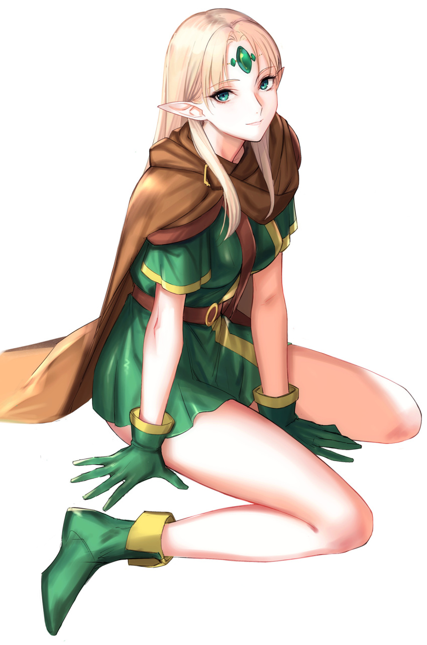 1girl arm_support bangs belt between_breasts between_legs breasts brown_cape cape closed_mouth dress dungeons_&amp;_dragons:_shadow_over_mystara dungeons_and_dragons elf forehead_jewel full_body gloves green_dress green_eyes green_gloves green_tunic highres long_hair looking_at_viewer lucia_(d&amp;d) medium_breasts parted_bangs pointy_ears short_sleeves sidelocks simple_background sitting smile solo strap_between_breasts sword tetsu_(kimuchi) wariza weapon white_background