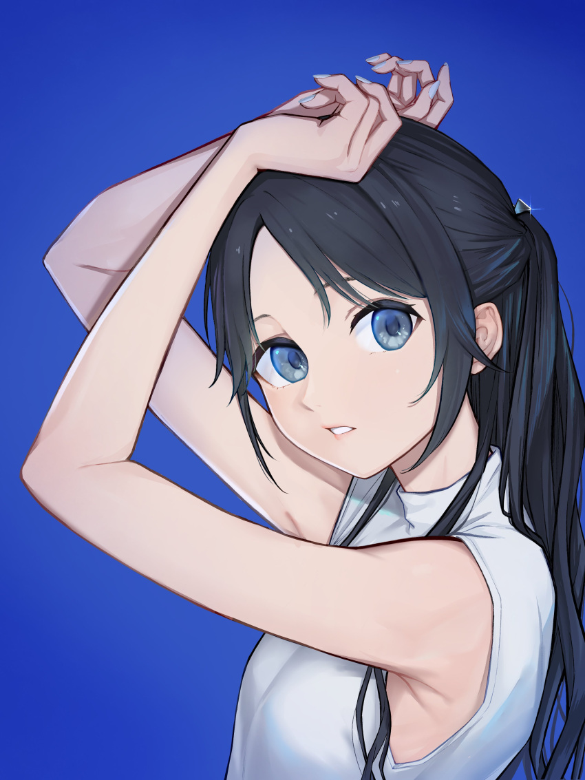 1girl absurdres armpits arms_up bangs black_hair blue_background blue_eyes breasts hair_ornament highres idolmaster idolmaster_shiny_colors long_hair mitsumine_yuika nail_polish open_mouth parted_bangs ponytail shirt short_sleeves sjuno small_breasts solo turtleneck white_shirt