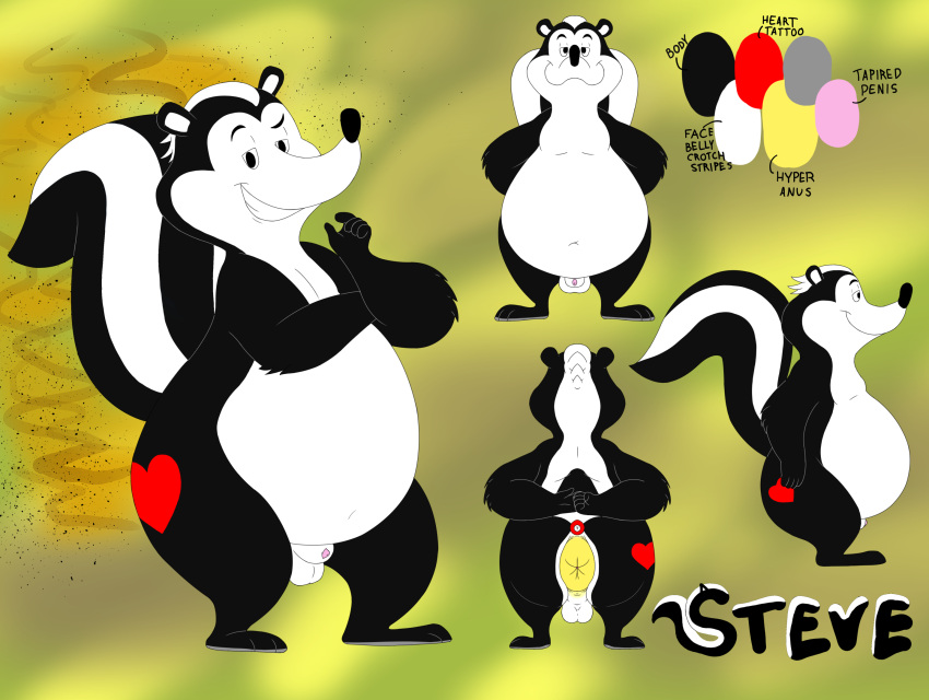 amateurcooper animal_genitalia anthro anus balls big_anus black_body butt english_text fan_character genitals hi_res male mammal mephitid model_sheet musk musk_clouds nude overweight overweight_male penis red_heart sheath skunk slightly_chubby smile solo standing steve_(amateurcooper) striped_skunk tattoo text toothy_grin white_body