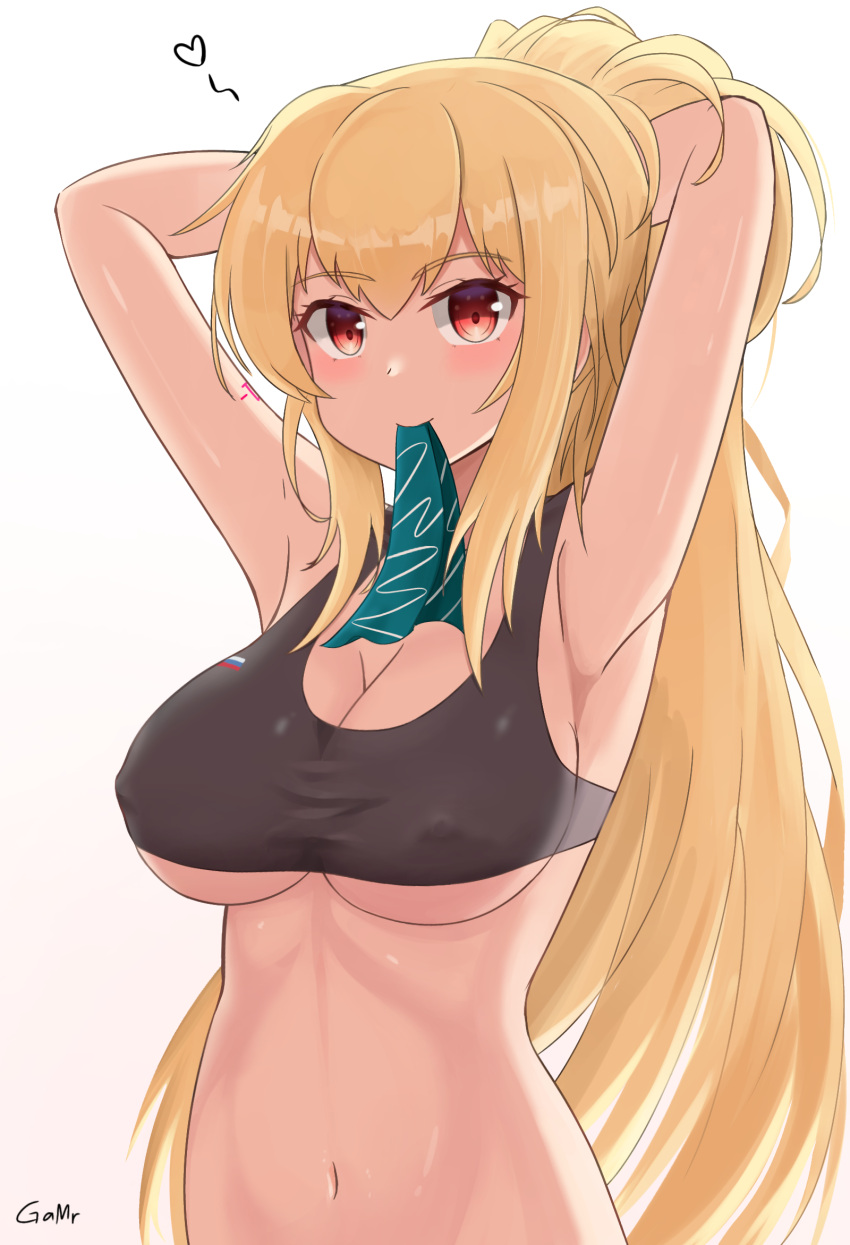 artist_name blonde_hair breasts cleavage eyebrows_visible_through_hair gamryous girls'_frontline green_hairband hairband highres light_blush long_hair looking_at_viewer medium_breasts mod3_(girls'_frontline) navel red_eyes russian_flag sports_bikini sports_bra sv-98_(girls'_frontline) tying tying_hair