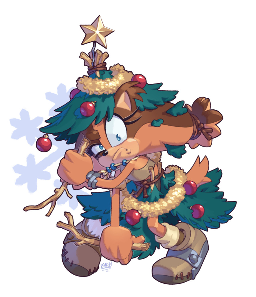 1girl blue_eyes bracelet brown_fur christmas christmas_ornaments christmas_tree evan_stanley fighting_stance hairband highres jewelry looking_at_viewer multicolored_fur necklace orange_fur shoes sleeveless snowflakes sonic_(series) sonic_boom_(game) star_(symbol) stick sticks_the_badger tank_top wood