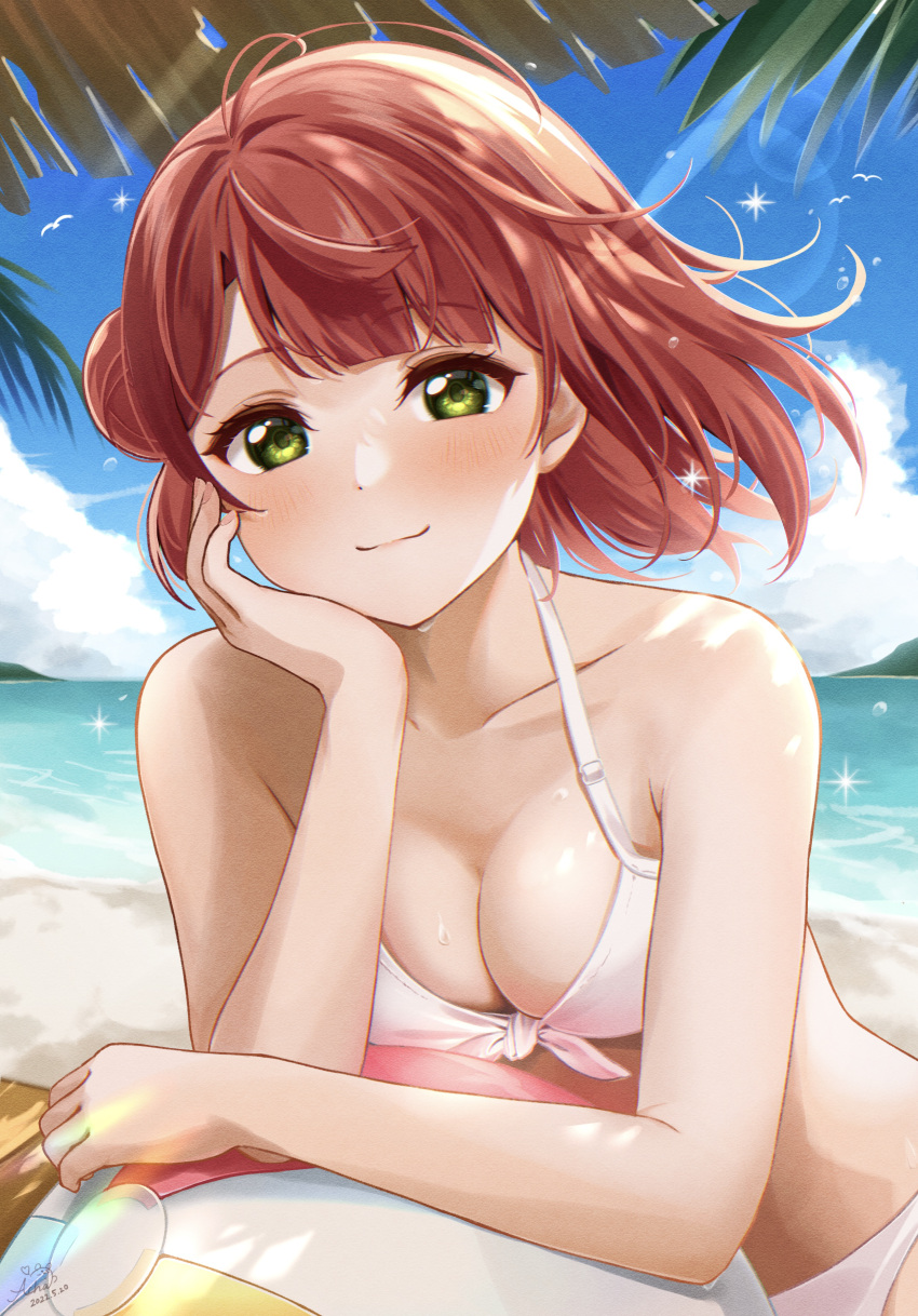 1girl a_chamaru5 absurdres ball bangs bare_arms beach beachball bikini blue_sky blunt_bangs blush close-up cloud dated day eyebrows_visible_through_hair green_eyes half_updo head_rest highres horizon leaning looking_at_viewer love_live! love_live!_nijigasaki_high_school_idol_club medium_hair ocean orange_hair outdoors palm_tree red_hair sand side_bun signature sky smile solo solo_focus swept_bangs swimsuit tree uehara_ayumu water water_balloon wet white_bikini