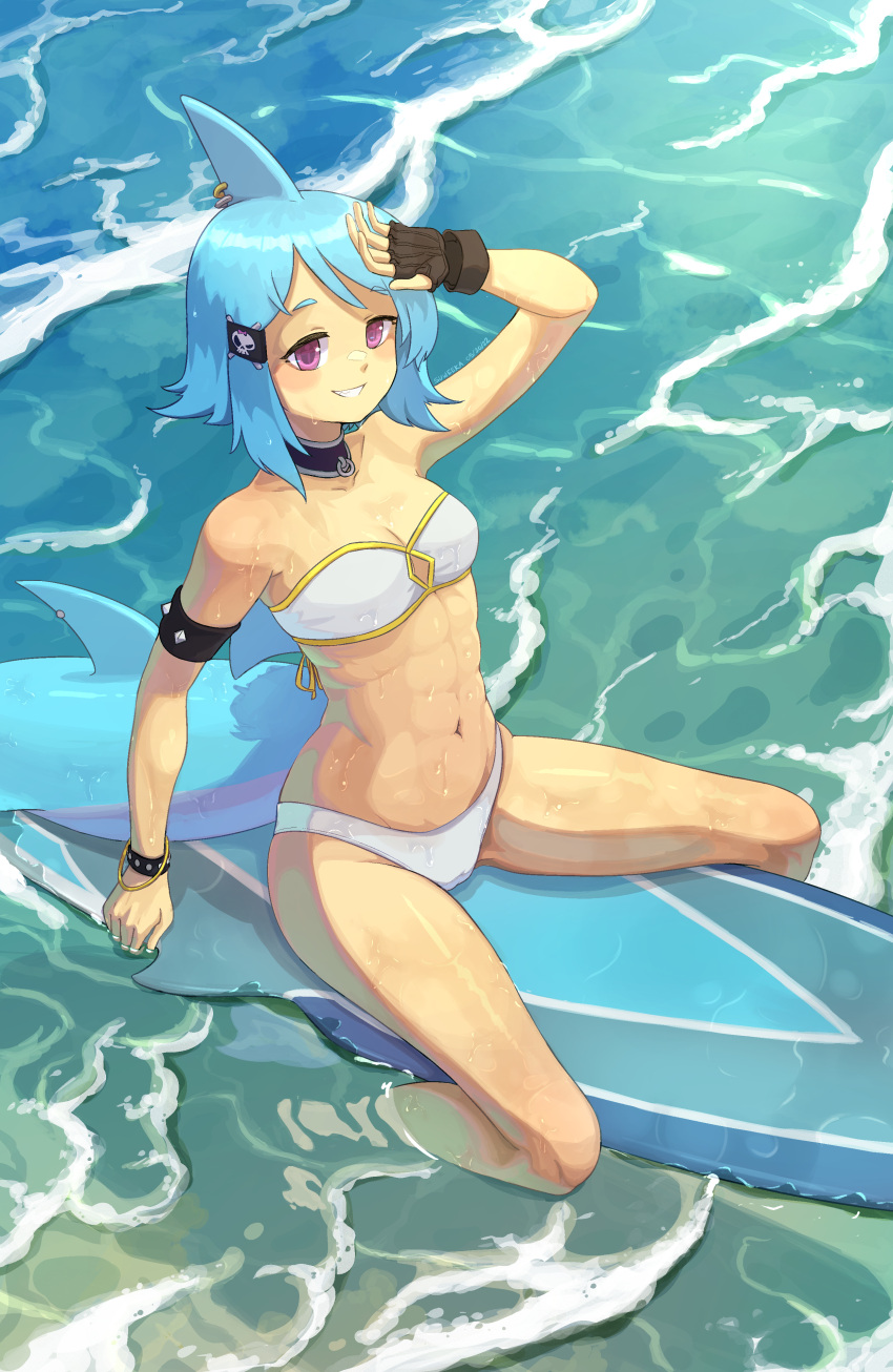 1girl abs absurdres aqua_hair armlet bikini bracelet breasts cleavage fish_tail from_above full_body grin hair_ornament highres jewelry muscular muscular_female navel original shark_fin shark_girl shark_tail short_hair shortfin_(suweeka) skull_hair_ornament small_breasts smile soaking_feet solo spiked_armlet spiked_bracelet spikes strapless strapless_bikini surfboard suweeka swimsuit tail water white_bikini