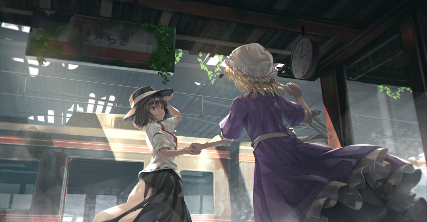 2girls adjusting_clothes adjusting_headwear black_headwear black_skirt blonde_hair brown_hair ceiling clock closed_mouth commentary dappled_sunlight dress fedora frilled_dress frills ground_vehicle hat highres holding_hands looking_at_another maribel_hearn medium_hair mob_cap multiple_girls necktie overgrown plant post-apocalypse purple_dress red_eyes red_necktie ribbon-trimmed_shirt ryosios shirt short_hair short_sleeves skirt smile sunlight touhou train train_station usami_renko white_headwear white_shirt