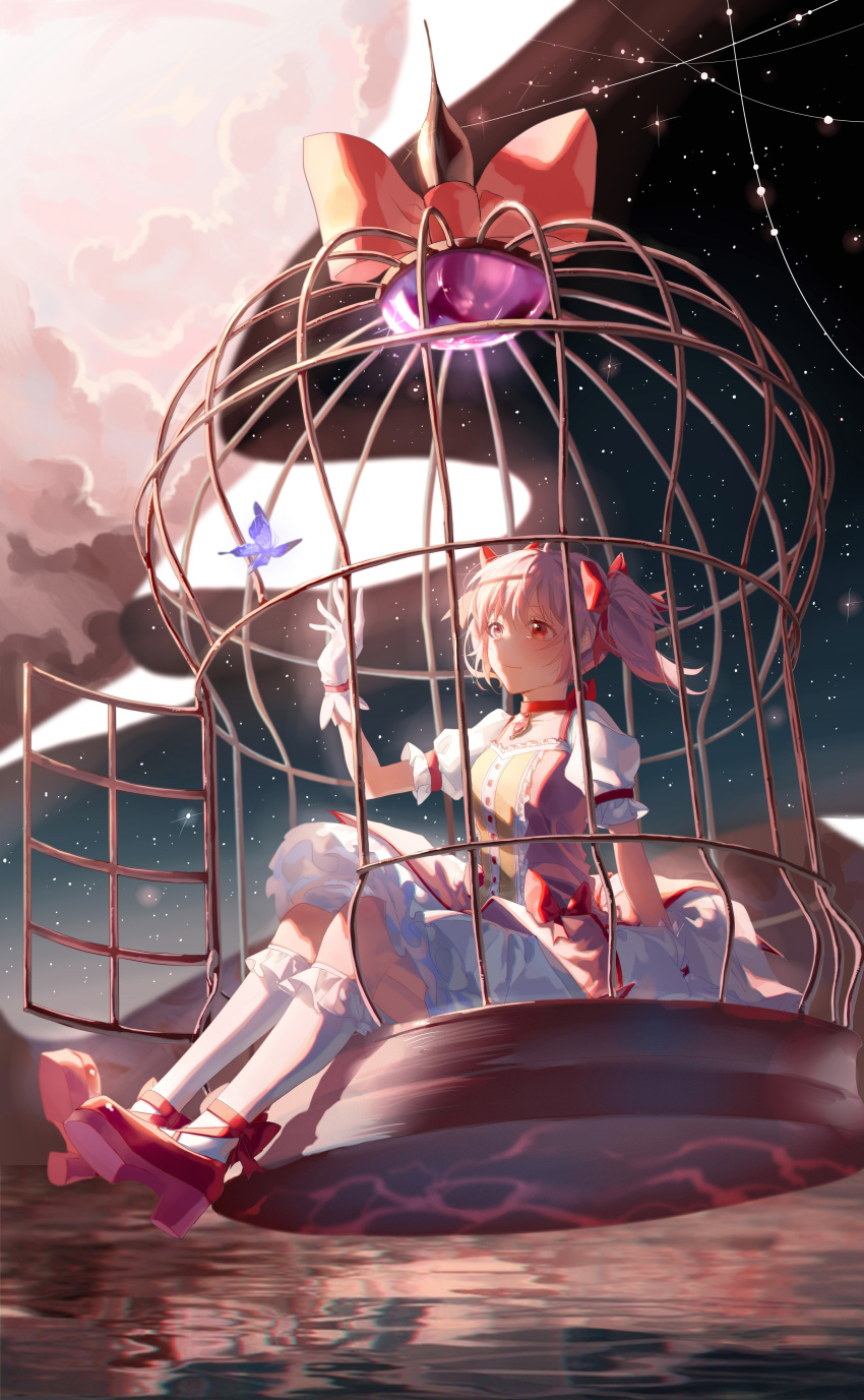 1girl absurdres bangs birdcage blue_butterfly bow bug butterfly buttons cage chinese_commentary cloud collar commentary_request dress frilled_dress frilled_legwear frills full_body gloves hair_bow highres kaname_madoka kneehighs lan2546426 mahou_shoujo_madoka_magica night night_sky outdoors pink_dress pink_hair puffy_short_sleeves puffy_sleeves reaching red_bow red_collar red_eyes red_footwear shoes short_hair short_sleeves short_twintails sitting sky smile solo soul_gem star_(sky) starry_sky tears twintails water white_gloves white_legwear