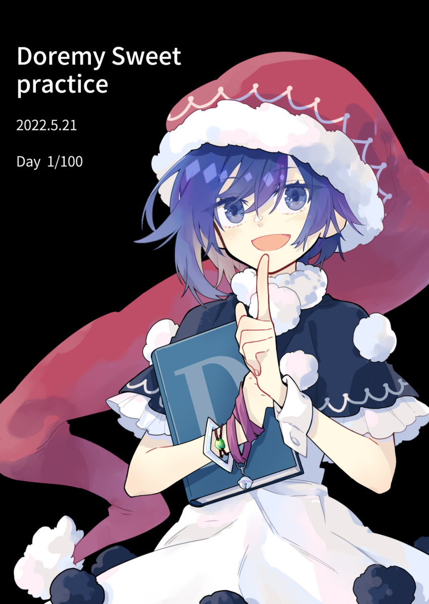 1girl black_background blue_eyes blue_hair book character_name dated doremy_sweet dress hat highres holding holding_book index_finger_raised ko_kita multicolored_clothes multicolored_dress nightcap pom_pom_(clothes) red_headwear short_hair short_sleeves simple_background solo touhou upper_body white_dress