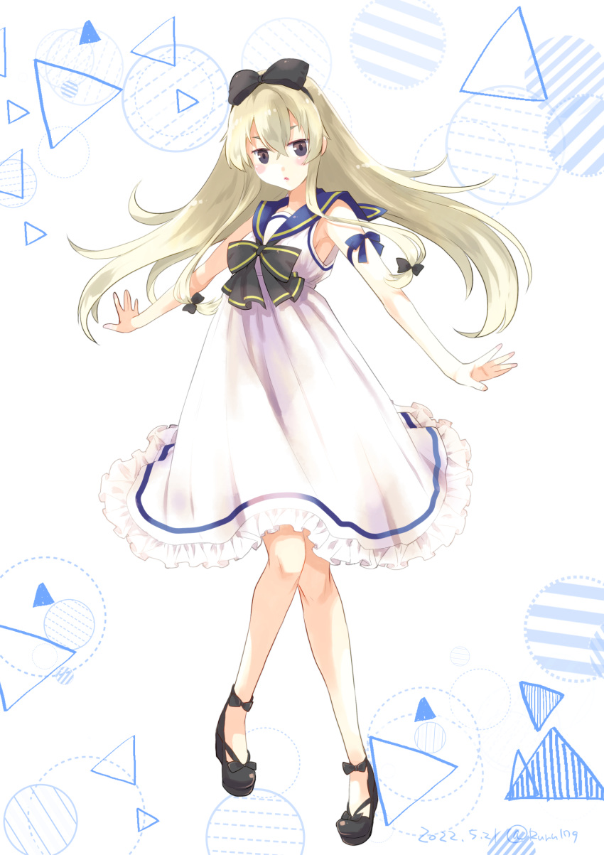 1girl absurdres aikawa_ruru alternate_costume black_footwear blonde_hair blue_sailor_collar commentary_request dress grey_eyes highres kantai_collection long_hair sailor_collar sailor_dress shimakaze_(kancolle) sleeveless sleeveless_dress solo standing white_background white_dress