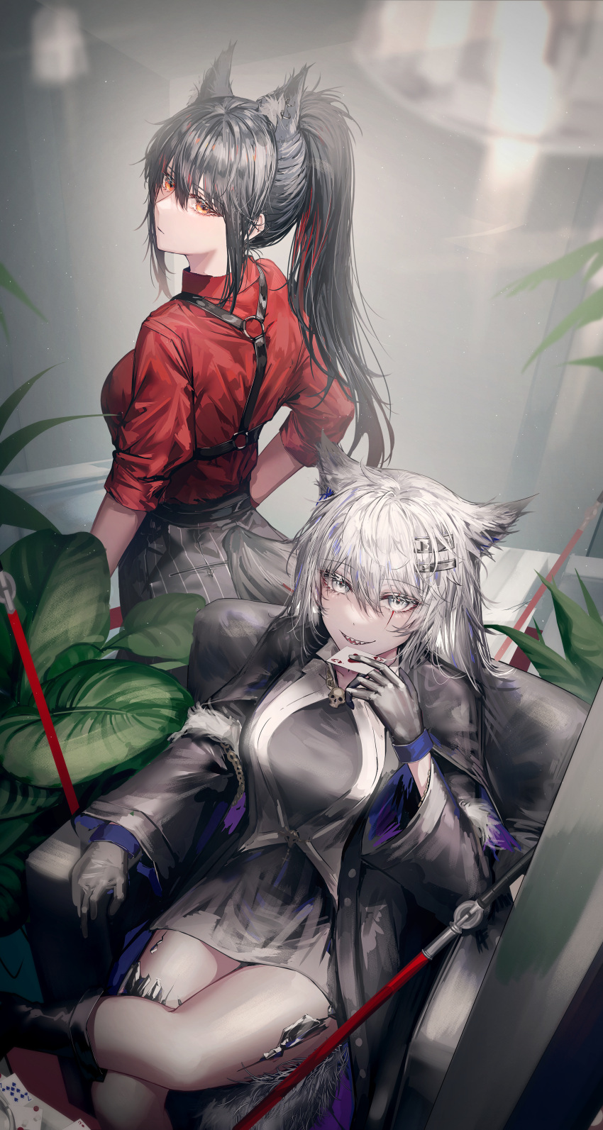 2girls absurdres ace_of_hearts akqne animal_ears arknights armchair black_hair black_jacket black_shirt black_shorts breasts card chair extra_ears feet_out_of_frame from_behind gloves grey_eyes grey_hair hair_between_eyes hair_ornament hairclip hand_up heart highres holding holding_card indoors jacket lappland_(arknights) lappland_(refined_horrormare)_(arknights) leaf long_hair long_sleeves looking_at_viewer medium_breasts multicolored_hair multiple_girls official_alternate_costume open_clothes open_jacket oripathy_lesion_(arknights) parted_lips plant ponytail red_gloves red_hair red_shirt scar scar_across_eye seven_of_spades sharp_teeth shiny shiny_hair shirt shorts sidelocks skull_ornament sleeves_past_elbows streaked_hair striped striped_shorts sword tail tail_through_clothes teeth texas_(arknights) texas_(willpower)_(arknights) watch weapon wolf_ears wolf_girl wolf_tail wristwatch yellow_eyes