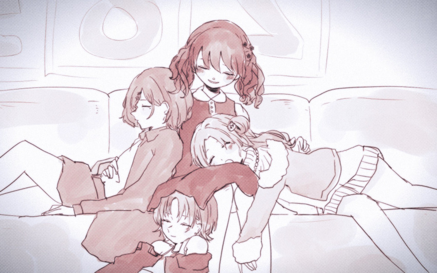 4girls asakura_toru closed_eyes commentary_request couch fang flower fukumaru_koito hair_flower hair_ornament highres higuchi_madoka ichikawa_hinana idolmaster idolmaster_shiny_colors long_sleeves lying mole mole_under_eye multiple_girls noctchill_(idolmaster) open_mouth pillow sepia side_bun sitting skin_fang sleeping smile tazkiyowa twintails