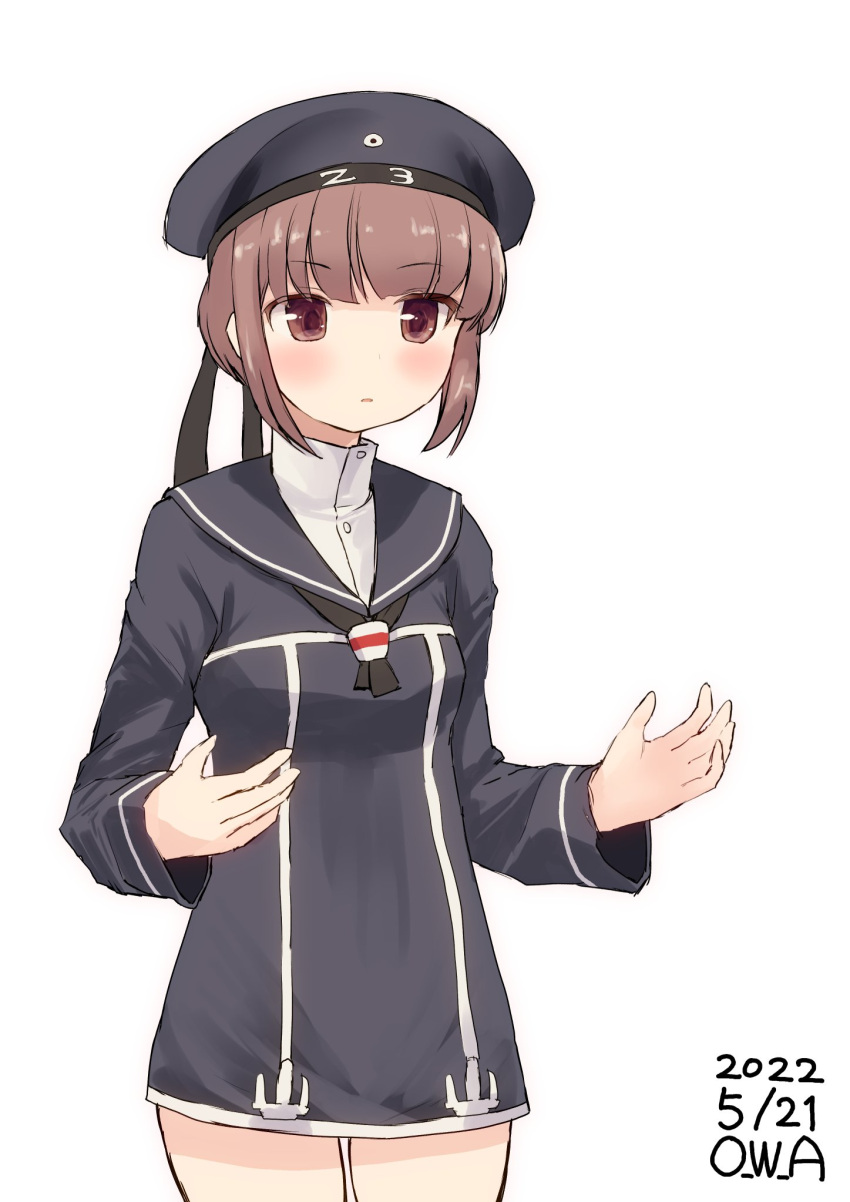 1girl artist_name black_dress black_headwear black_neckerchief black_sailor_collar breasts brown_eyes brown_hair clothes_writing commentary_request dated dress hat highres kantai_collection neckerchief one-hour_drawing_challenge owa_(ishtail) red_hair sailor_collar sailor_dress sailor_hat short_hair simple_background small_breasts solo white_background z3_max_schultz_(kancolle)