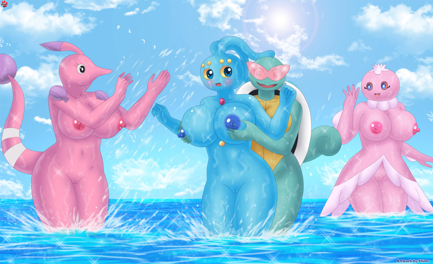 anthro big_breasts blue_body blue_nipples blush breast_grab breasts eyewear female female/female frillish genitals gorebyss grabbing_from_behind green_body group hand_on_breast legendary_pok&eacute;mon manaphy marine nintendo nipples nude open_mouth open_smile pink_body pink_eyewear pink_nipples pink_sunglasses pok&eacute;mon pok&eacute;mon_(species) pussy red_nipples reptile scalie shinn smile splashing_water squirtle sunglasses video_games water wet